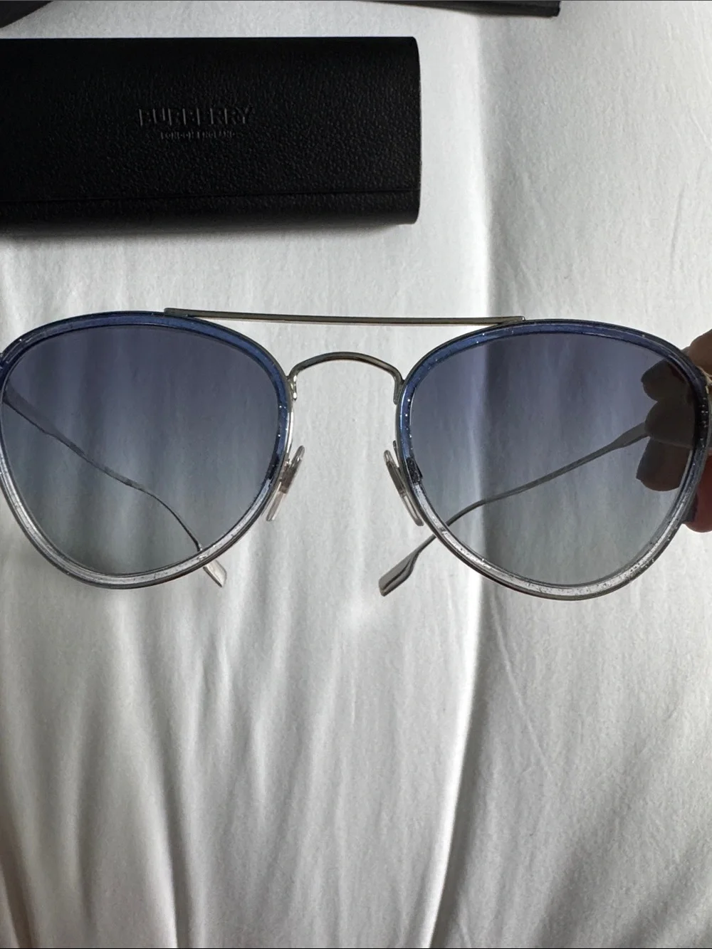 Burberry Silver Frame Sunglasses with Blue Gradient Lenses